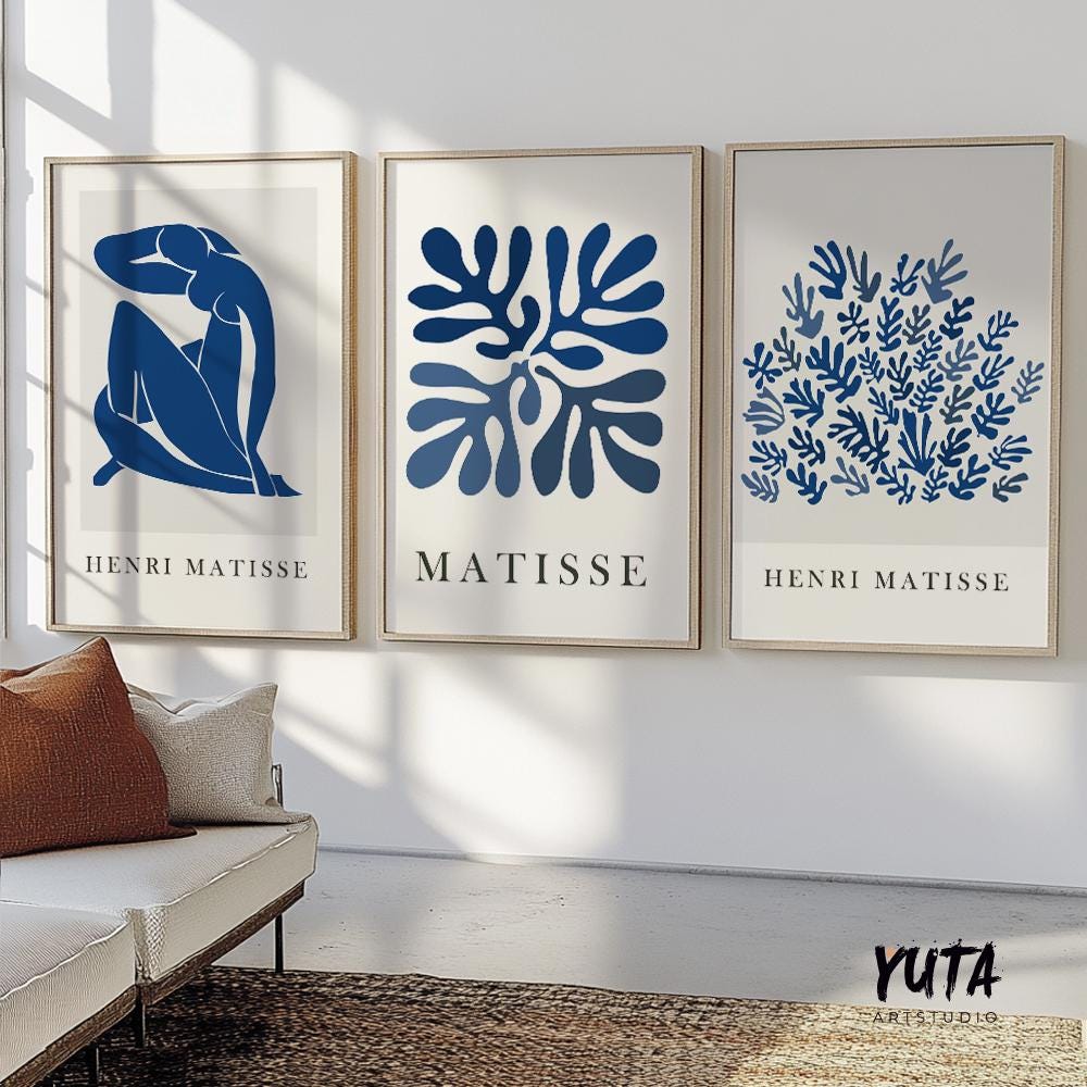 Navy blue Matisse print set of 3 prints. Neutral minimalist mid century modern gallery wall set, vintage trendy Henri Matisse posters.
