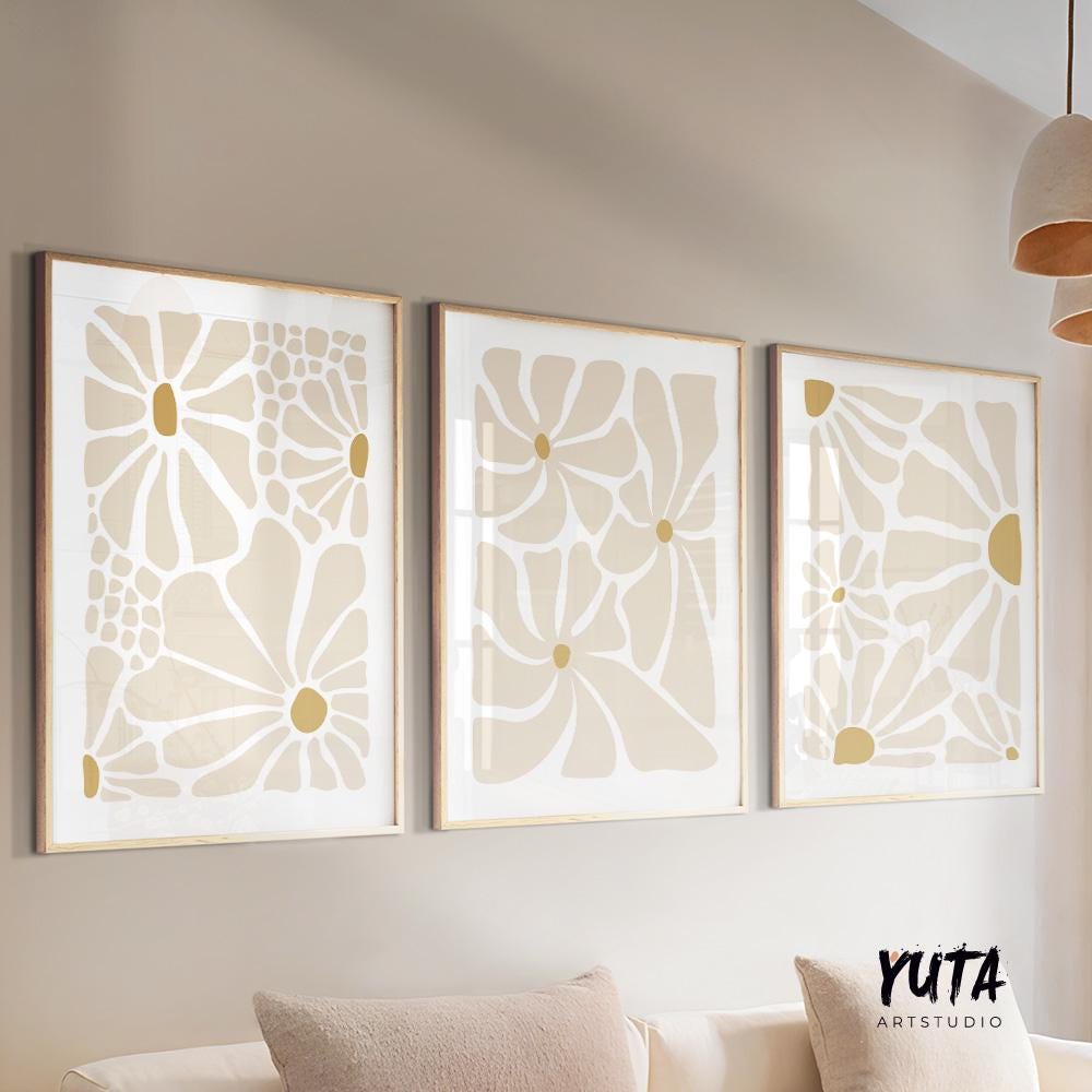 Set of three abstract beige floral prints in light wood frames, ready to ship securely boxed