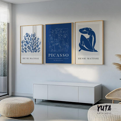 Navy blue Matisse, Picasso print set of 3. Neutral minimalist mid century gallery wall set, vintage trendy exhibition livingroom posters.