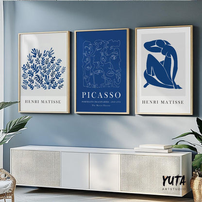 Navy blue Matisse, Picasso print set of 3. Neutral minimalist mid century gallery wall set, vintage trendy exhibition livingroom posters.