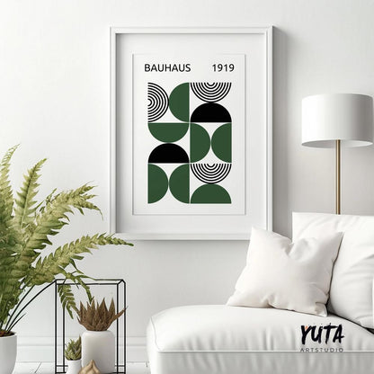 Dark green black Bauhaus art. Mid century modern bauhaus print, retro trendy wall art
