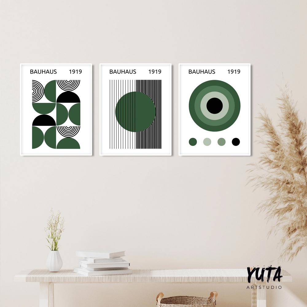Dark green black Bauhaus art set of 3 print. Mid century modern gallery 3 piece wall art, bauhaus print, retro trendy wall art