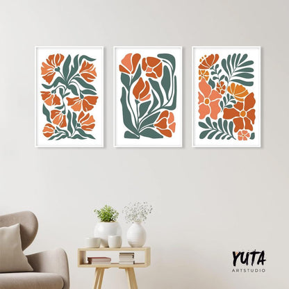 Minimalist terracotta floral prints in white frames, shipped unframed and rolled in tubes.