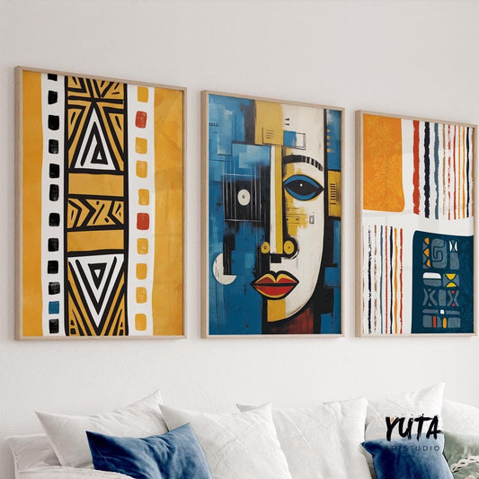 Navy blue yellow african american art set of 3 print. Abstract africa wall art, ethnic gallery wall set. Modern  aesthetic room decor