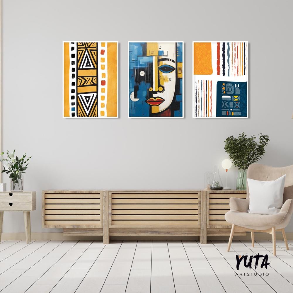 Navy blue yellow african american art set of 3 print. Abstract africa wall art, ethnic gallery wall set. Modern  aesthetic room decor