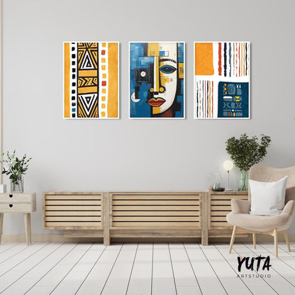Navy blue yellow african american art set of 3 print. Abstract africa wall art, ethnic gallery wall set. Modern  aesthetic room decor