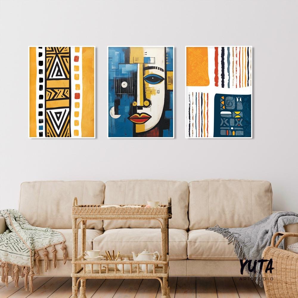 Navy blue yellow african american art set of 3 print. Abstract africa wall art, ethnic gallery wall set. Modern  aesthetic room decor