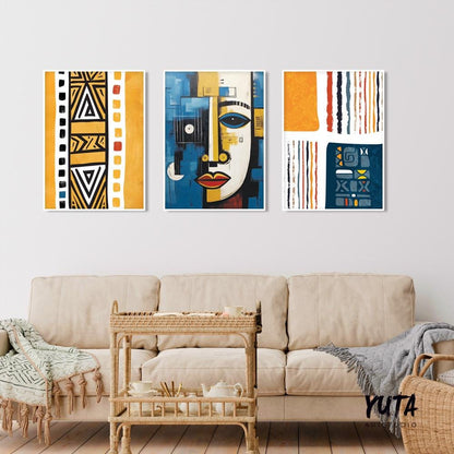 Navy blue yellow african american art set of 3 print. Abstract africa wall art, ethnic gallery wall set. Modern  aesthetic room decor