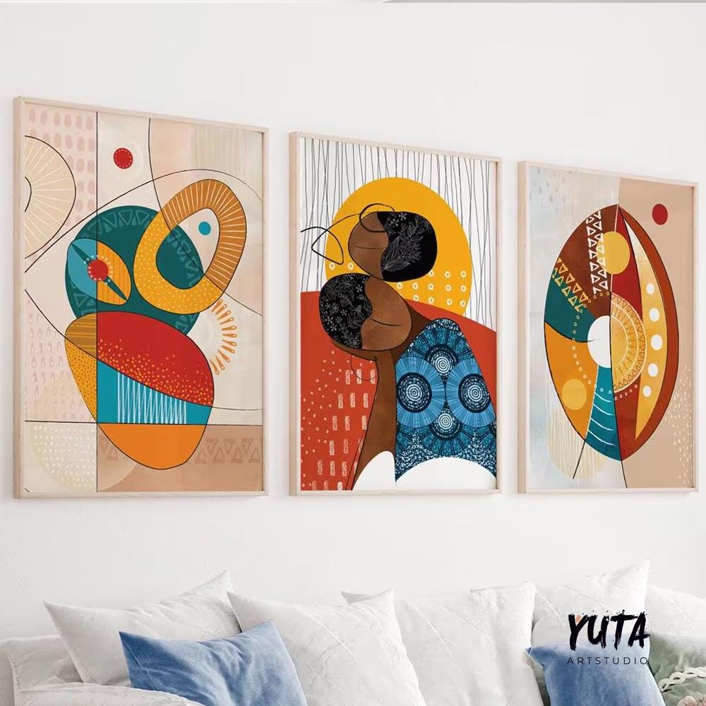 Colorful abstract African art prints set of 3, modern black women portraits, vibrant Afrocentric gallery wall decoration.
