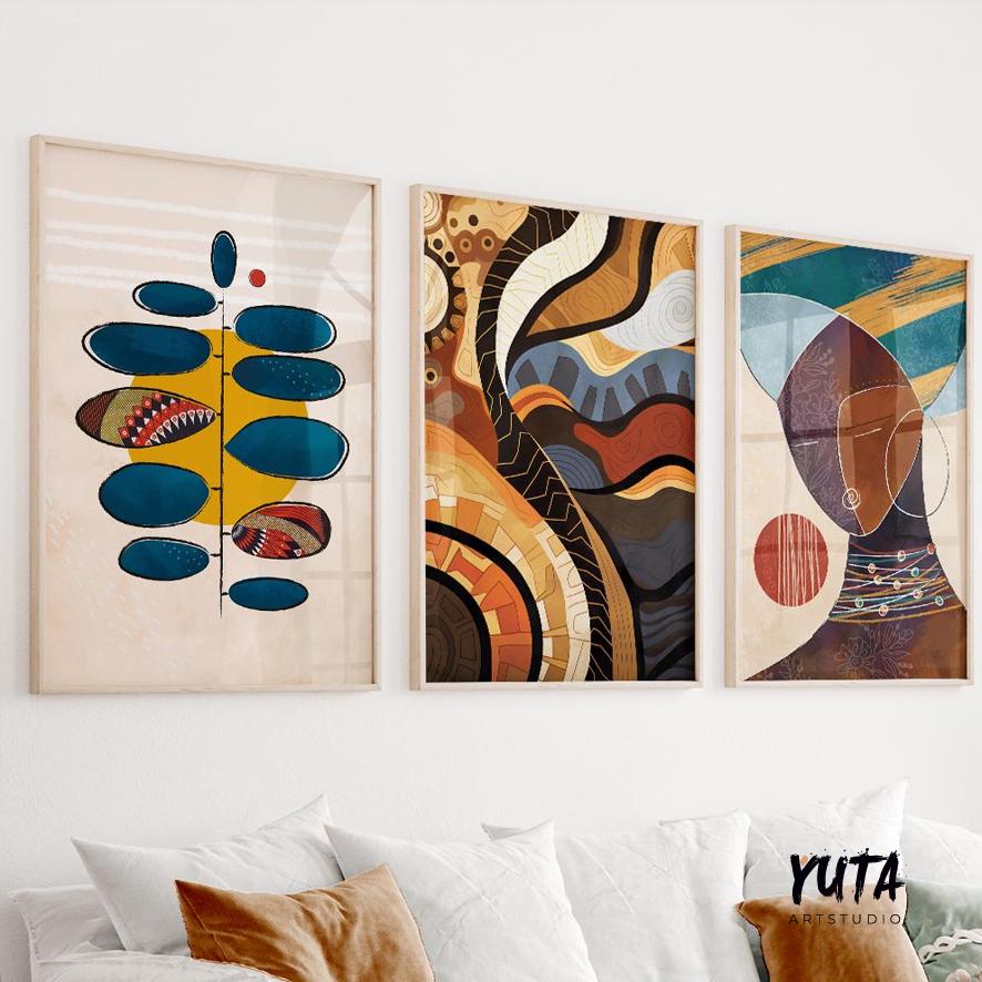 Large colorful African American art set of 3, abstract modern black women portraits, above bed Afrocentric wall art.