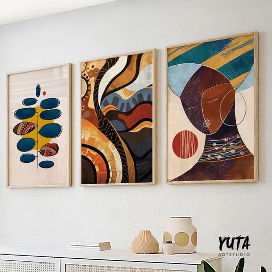 Abstract African American wall art set of 3, contemporary colorful black women portrait posters for ethnic home decor.