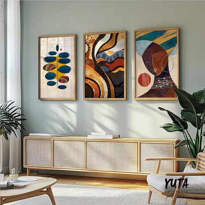 Afrocentric abstract art set of 3 prints, colorful black woman portraits, modern gallery wall decoration for apartments.