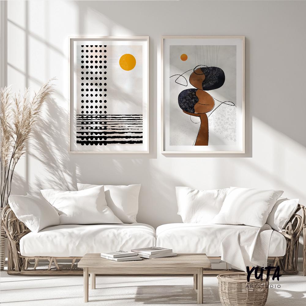 Mid century modern neutral african american art set of 2. Contemporary livingroom abstract black woman gallery wall set, above bed decor