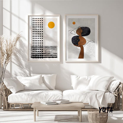 Mid century modern neutral african american art set of 2. Contemporary livingroom abstract black woman gallery wall set, above bed decor
