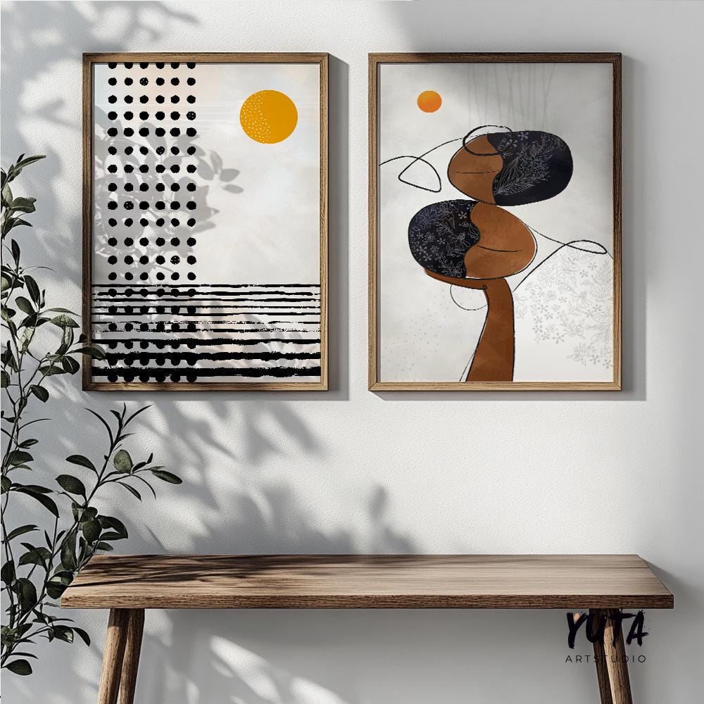 Mid century modern neutral african american art set of 2. Contemporary livingroom abstract black woman gallery wall set, above bed decor