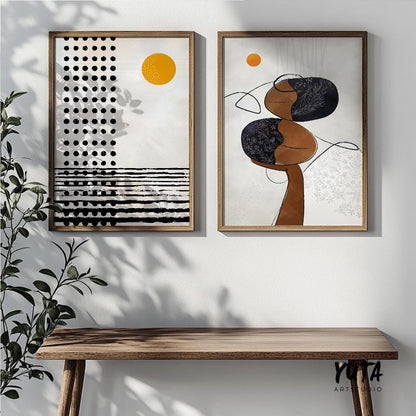 Mid century modern neutral african american art set of 2. Contemporary livingroom abstract black woman gallery wall set, above bed decor