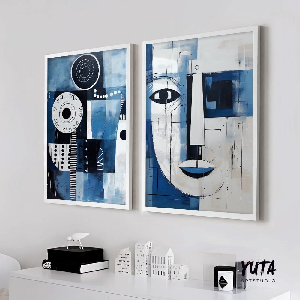 Set of 2 navy blue modern african american art print. Black man portrait, aesthetic room decor. Abstract minimalist posters