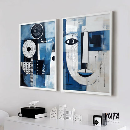 Set of 2 navy blue modern african american art print. Black man portrait, aesthetic room decor. Abstract minimalist posters