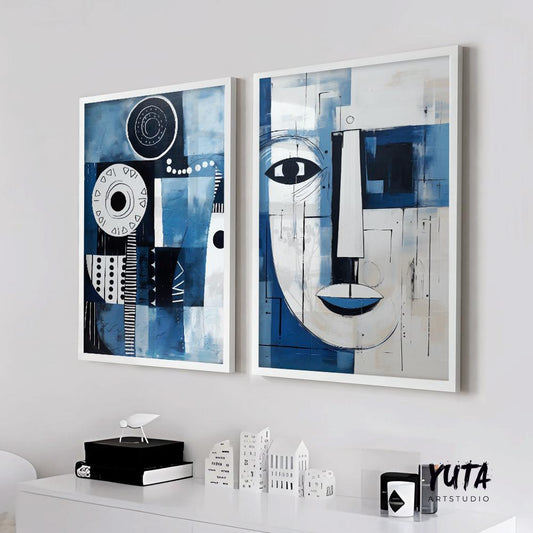 Set of 2 navy blue modern african american art print. Black man portrait, aesthetic room decor. Abstract minimalist posters
