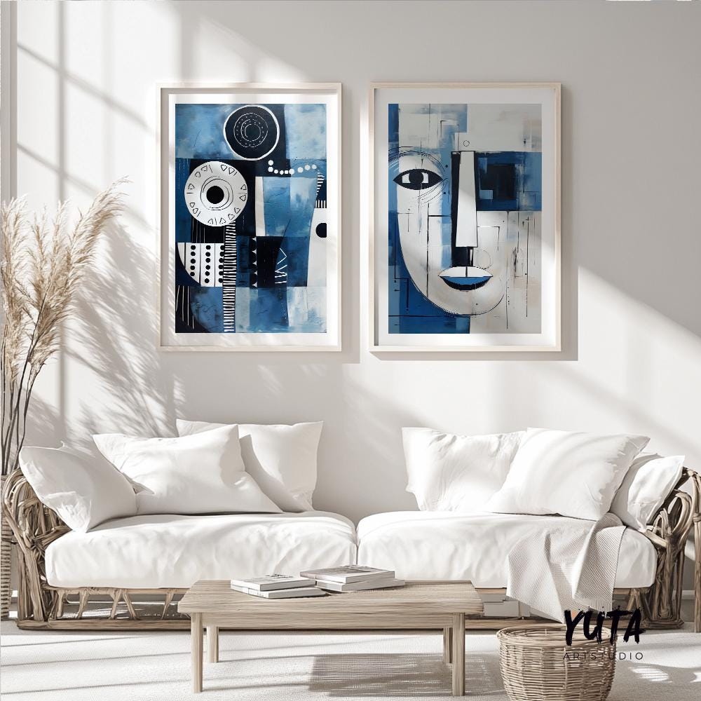 Set of 2 navy blue modern african american art print. Black man portrait, aesthetic room decor. Abstract minimalist posters
