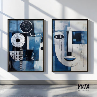 Set of 2 navy blue modern african american art print. Black man portrait, aesthetic room decor. Abstract minimalist posters