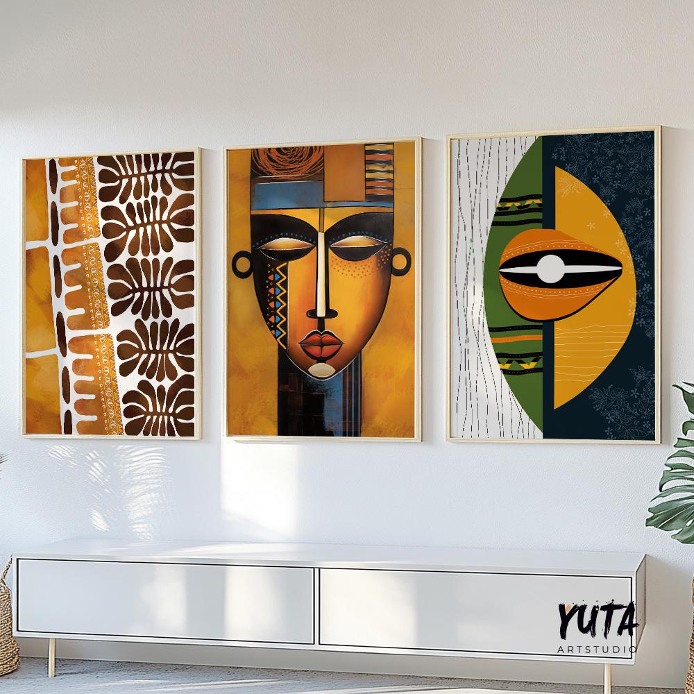 Modern african wall art set of 3 print. Abstract ethnic gallery wall set, colorful minimalist above bed african american art