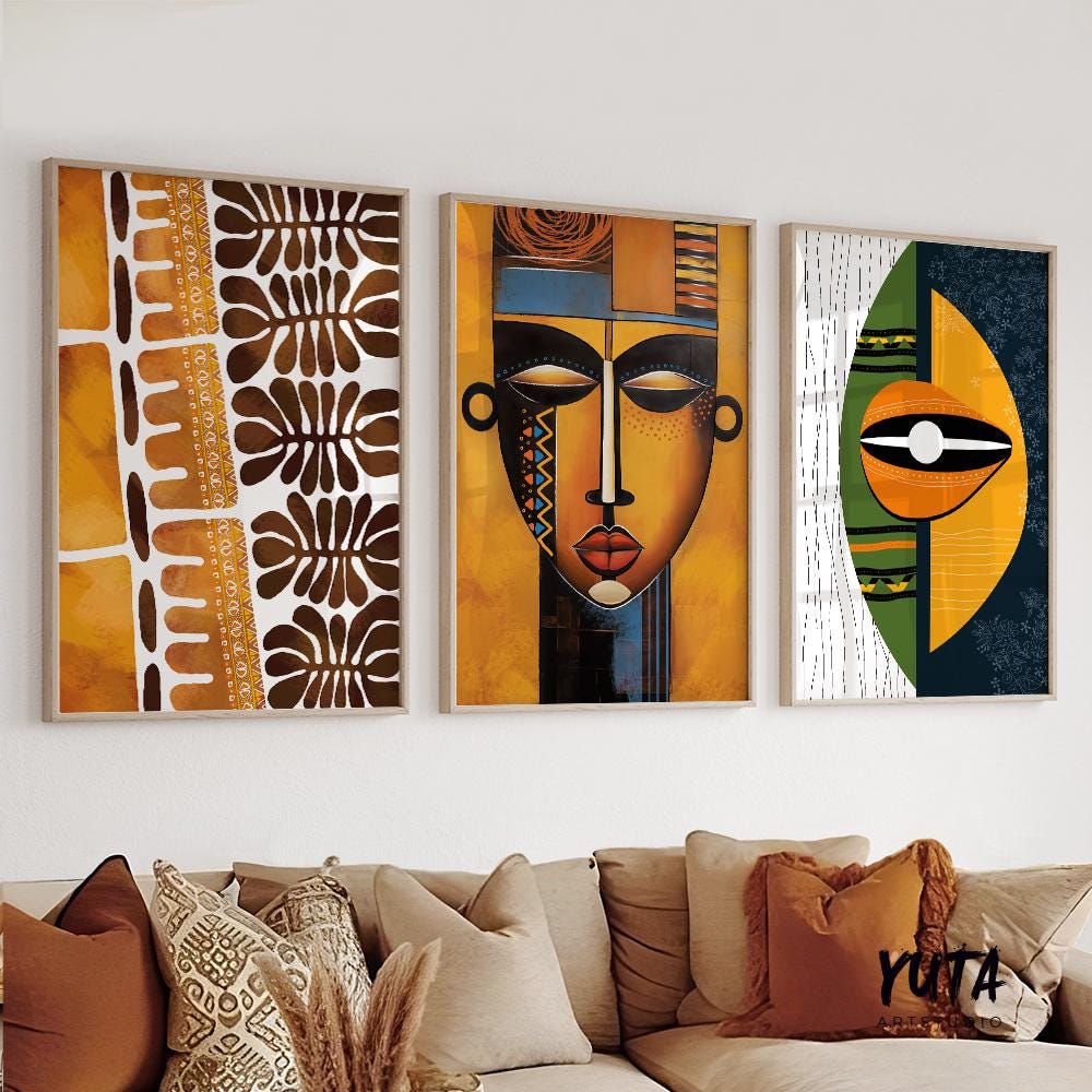 Modern african wall art set of 3 print. Abstract ethnic gallery wall set, colorful minimalist above bed african american art