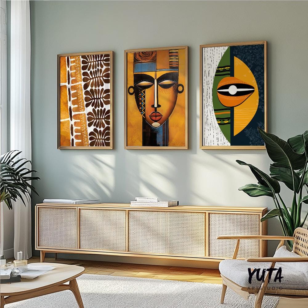 Modern african wall art set of 3 print. Abstract ethnic gallery wall set, colorful minimalist above bed african american art