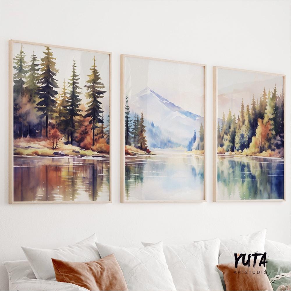 Colorful mountain wall art set of 3 print. Pastel modern nature, forest lake landscape painting posters, eclectic gallery wall set