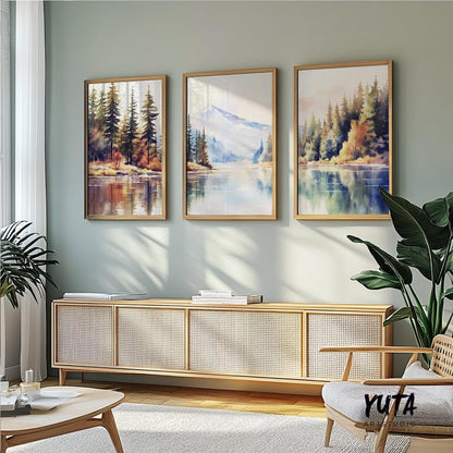 Colorful mountain wall art set of 3 print. Pastel modern nature, forest lake landscape painting posters, eclectic gallery wall set