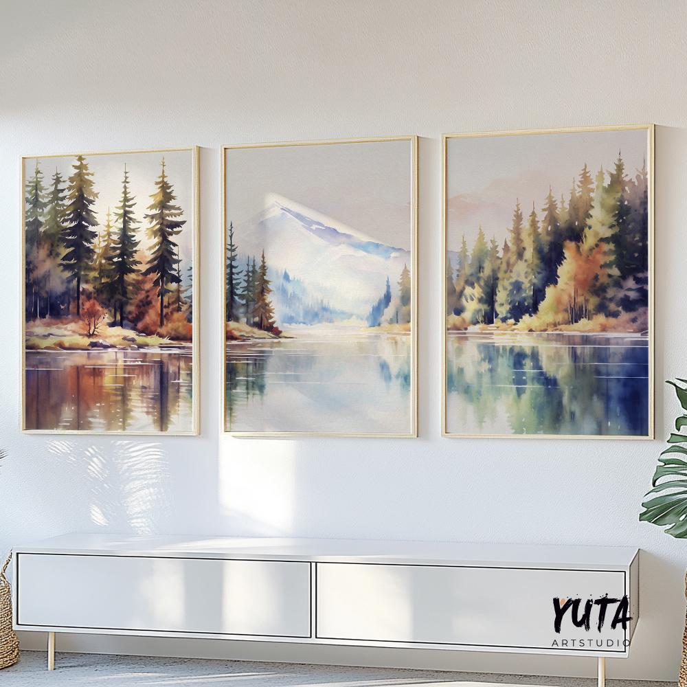 Colorful mountain wall art set of 3 print. Pastel modern nature, forest lake landscape painting posters, eclectic gallery wall set