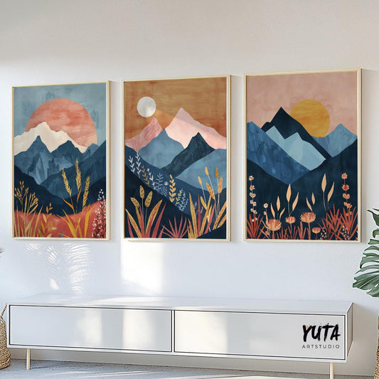 Colorful boho mountains wall art set of 3 print, mid century modern landscape posters, nature gallery wall set, aestetic room decor