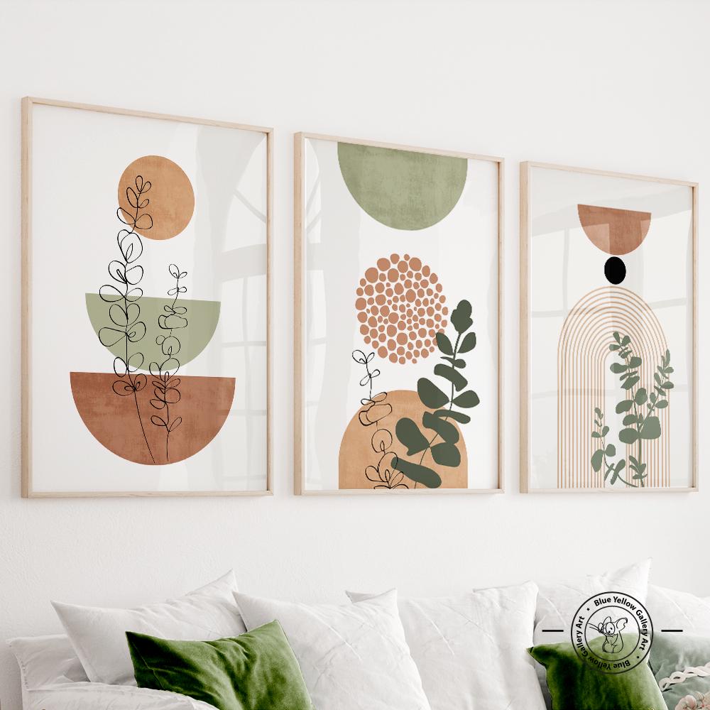 Boho Terracotta Green Gallery Wall Set of 3. Mid Century Modern Neutral Minimalist Bohemian Prints, Large 3 Piece Scandinavian Posters