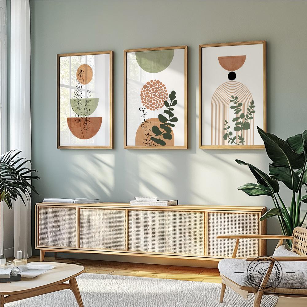 Boho Terracotta Green Gallery Wall Set of 3. Mid Century Modern Neutral Minimalist Bohemian Prints, Large 3 Piece Scandinavian Posters