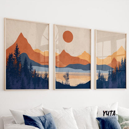 Terracotta Mountain set of 3 prints. Mid century modern gallery wall set. Minimalist landscape painting, aesthetic room decor, above bed art