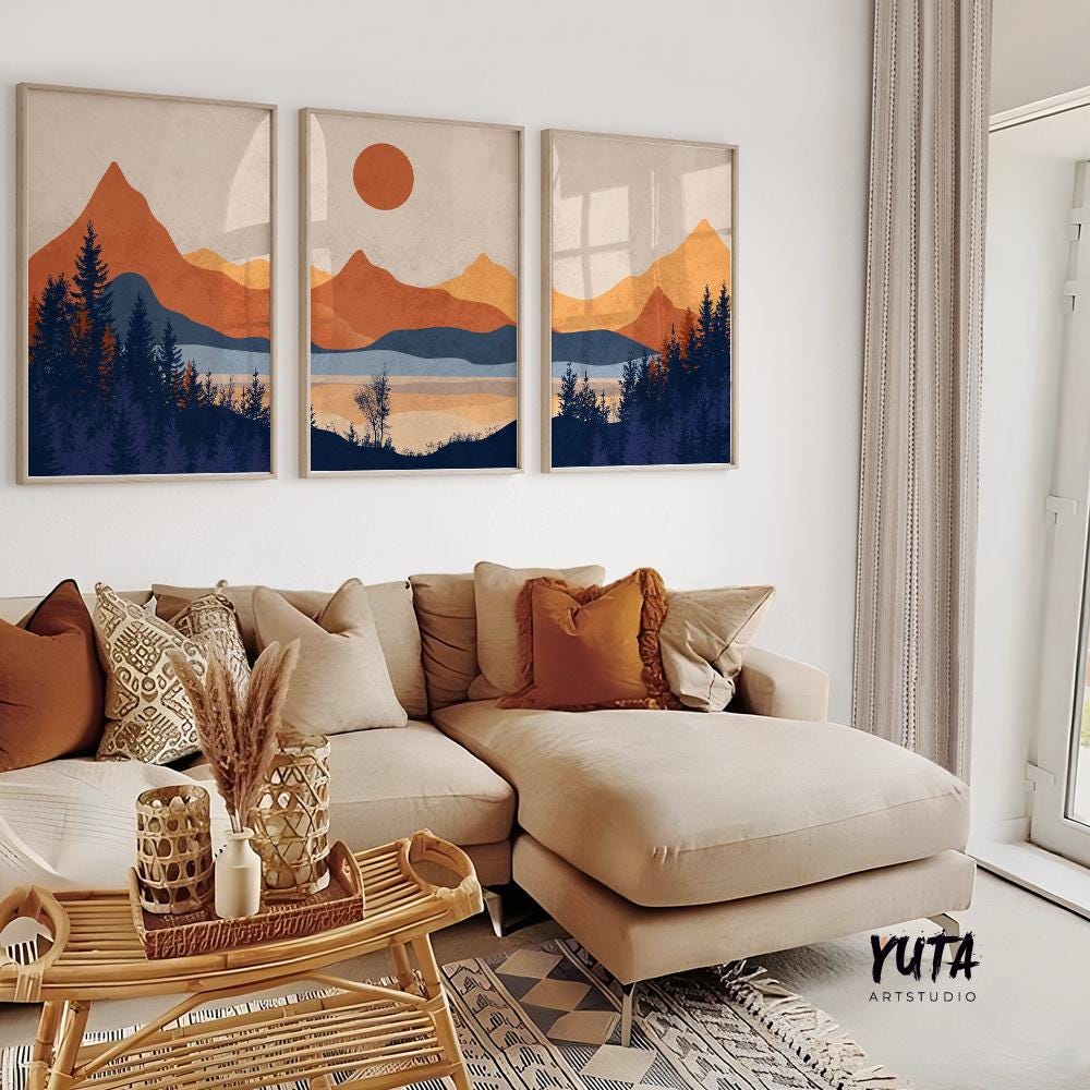 Terracotta Mountain set of 3 prints. Mid century modern gallery wall set. Minimalist landscape painting, aesthetic room decor, above bed art