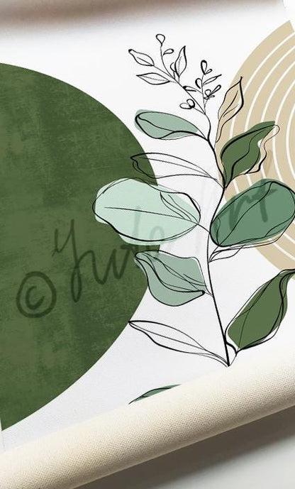 Botanical line art with green and beige abstract shapes, close-up on unframed print canvas