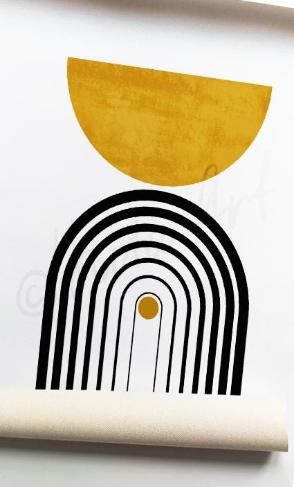 Abstract boho print with black arches, mustard semicircle, and small yellow dot on unframed canvas
