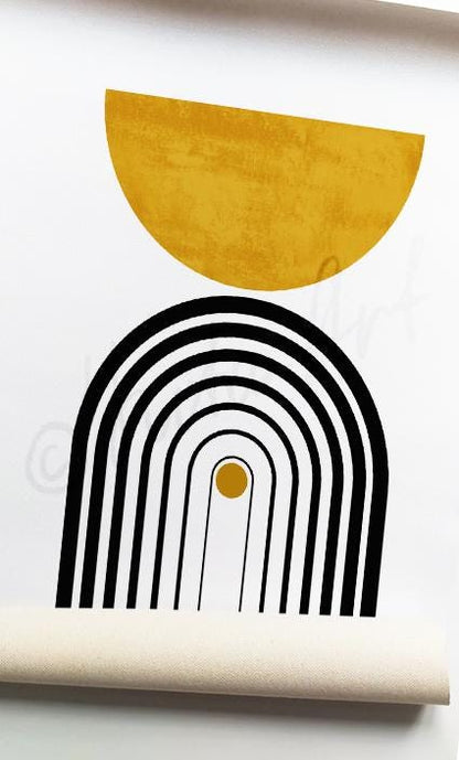Abstract boho print with black arches, mustard semicircle, and small yellow dot on unframed canvas