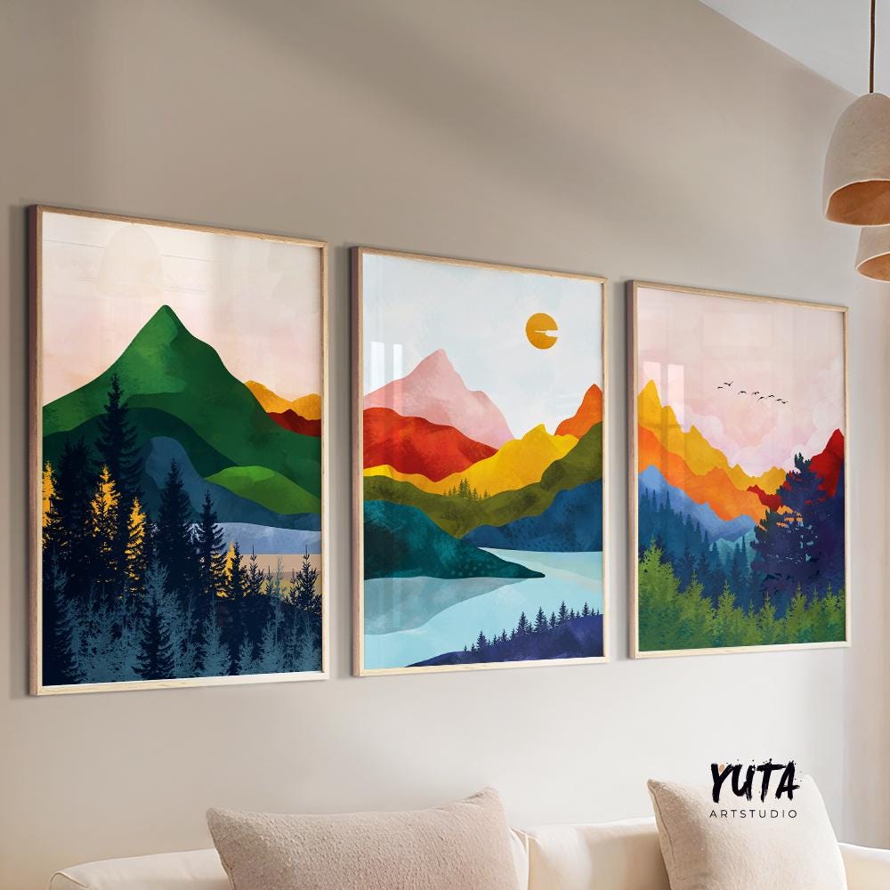 Set of 3 Vibrant Mountains scandinavian colorful abstract art set of 3 prints, Modern Nordic poster Gallery home decor large wall art prints
