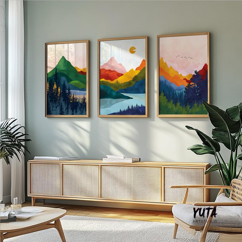 Set of 3 Vibrant Mountains scandinavian colorful abstract art set of 3 prints, Modern Nordic poster Gallery home decor large wall art prints