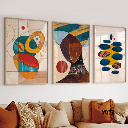 Abstract African American wall art set of 3, contemporary colorful black women portrait posters for ethnic home decor.