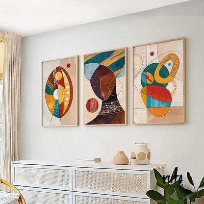 Colorful abstract African art prints set of 3, modern black women portraits, vibrant Afrocentric gallery wall decoration.