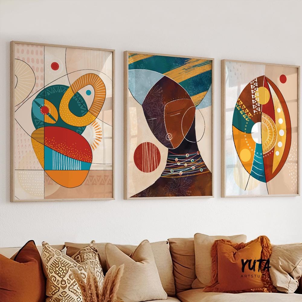 Contemporary African American art set of 3, bold abstract black women portrait prints for ethnic modern bedroom decor.
