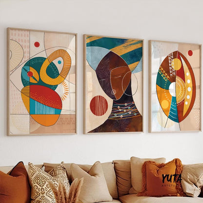 Contemporary African American art set of 3, bold abstract black women portrait prints for ethnic modern bedroom decor.