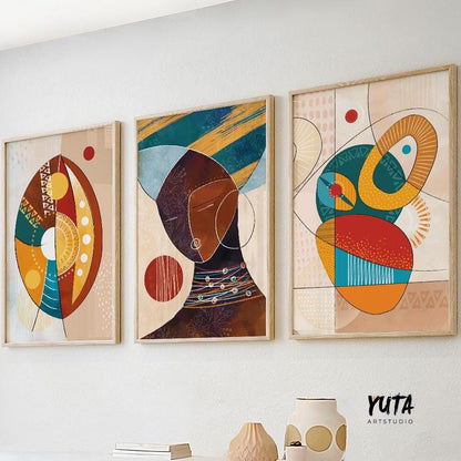 Modern colorful African American art set of 3 featuring abstract black women portraits for contemporary above bed decor.