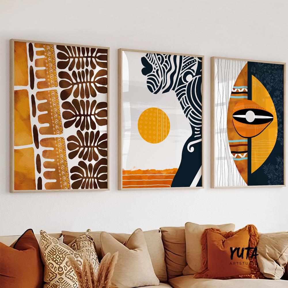 Abstract ethnic africa wall art set of 3 prints. African black woman portrait. Modern african american art print. African wall art.