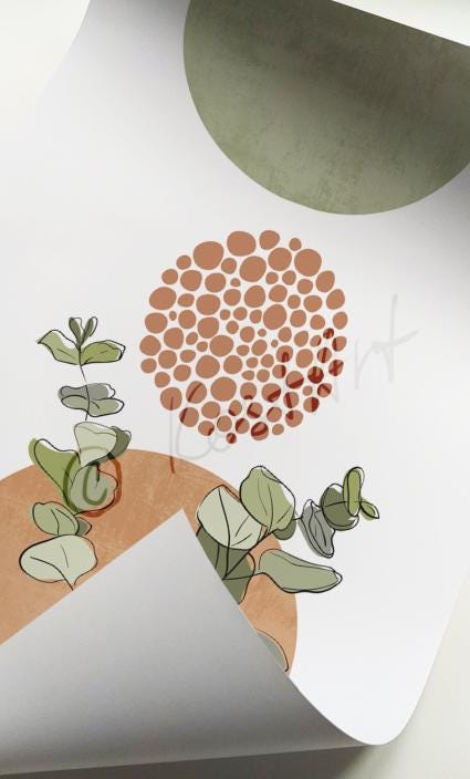Botanical print with sage green leaves and terracotta shapes shown on unframed rolled paper
