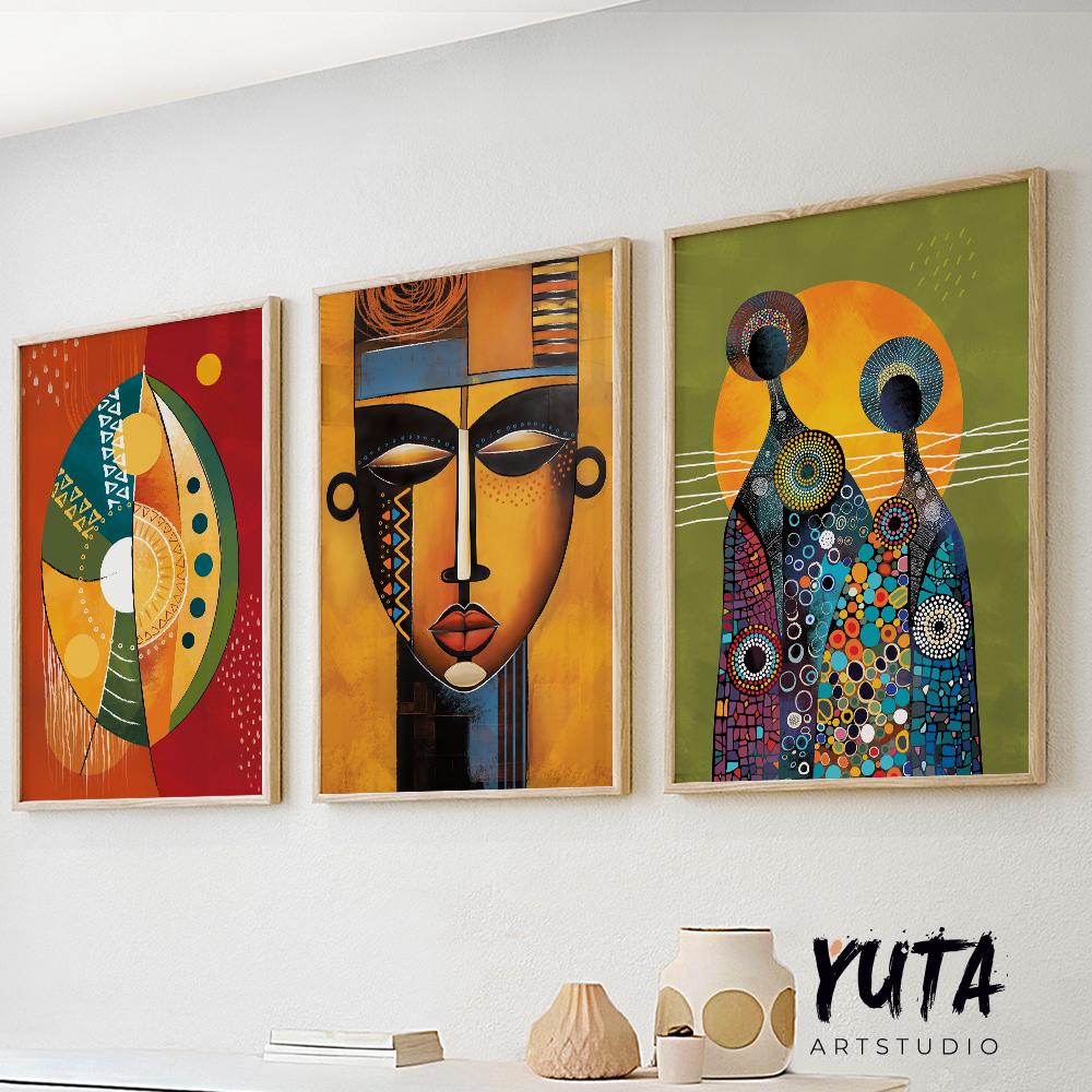 Abstarct african american art set of 3 print. Black wall art, ethnic gallery wall set. Modern colorful minimalist above bed african wall art