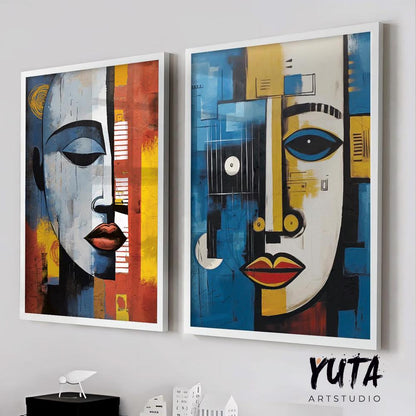 Contemporary african wall art set of 2 prints. Abstract woman, man portrait wall art, colorful above bed art, aesthetic room decor